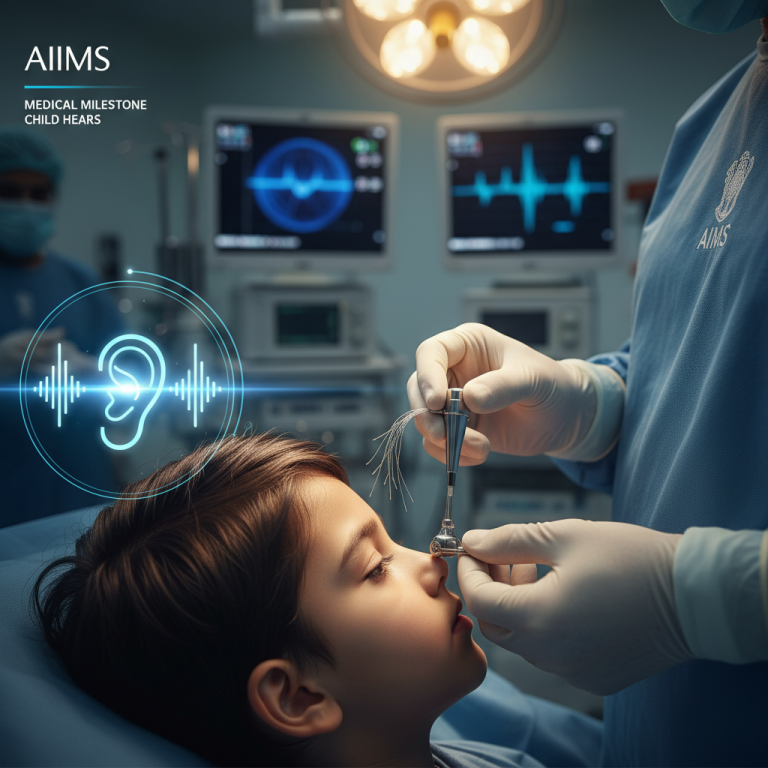 A surgeon's hands delicately hold a brain stem implant near a child's ear, with medical monitors in the background.