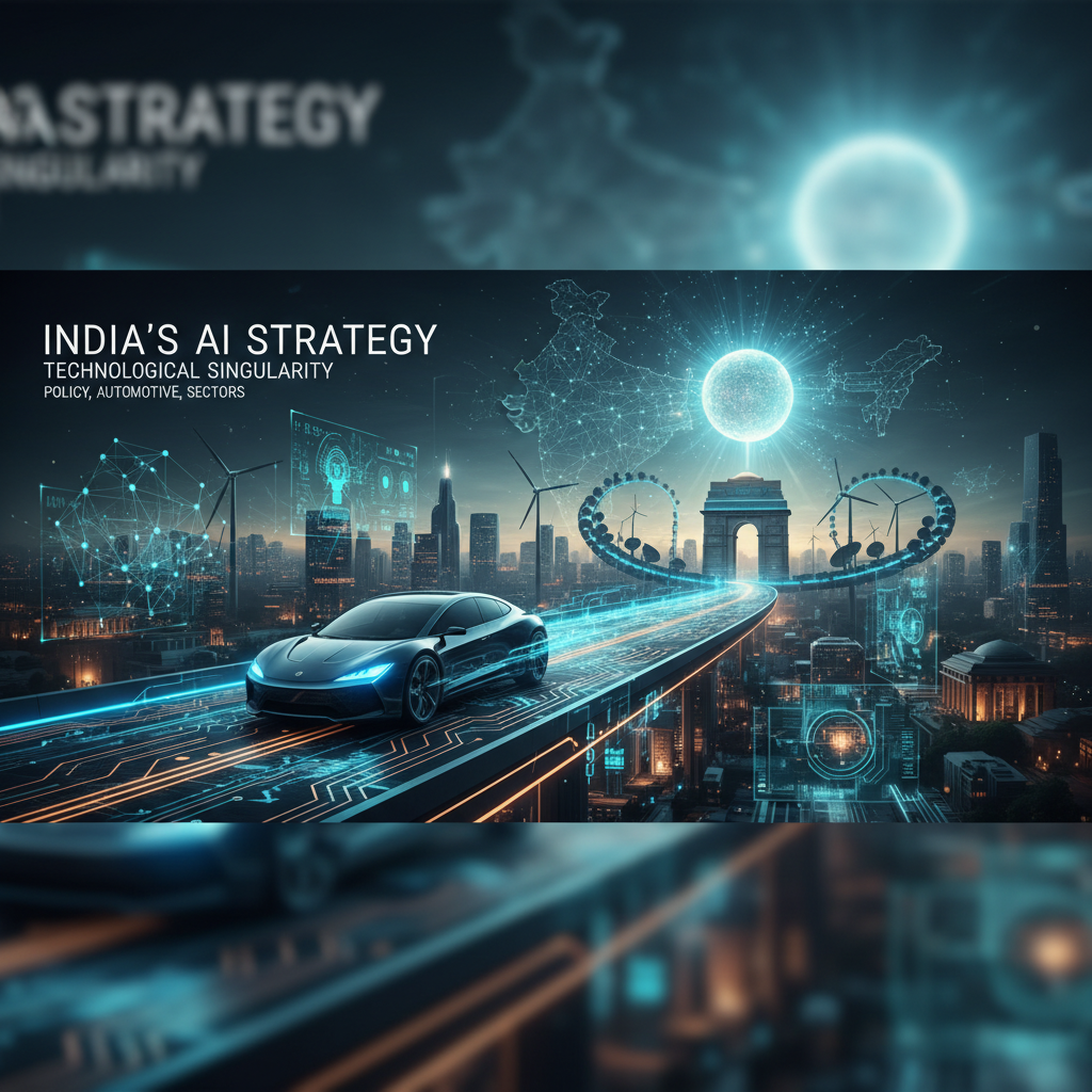 A futuristic cityscape of India with an electric car on a digital highway, representing AI and technological advancement.