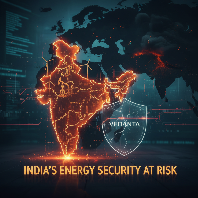 Digital map of India glowing, with energy infrastructure icons, a shield labeled Vedanta, and a world map with conflict zones.