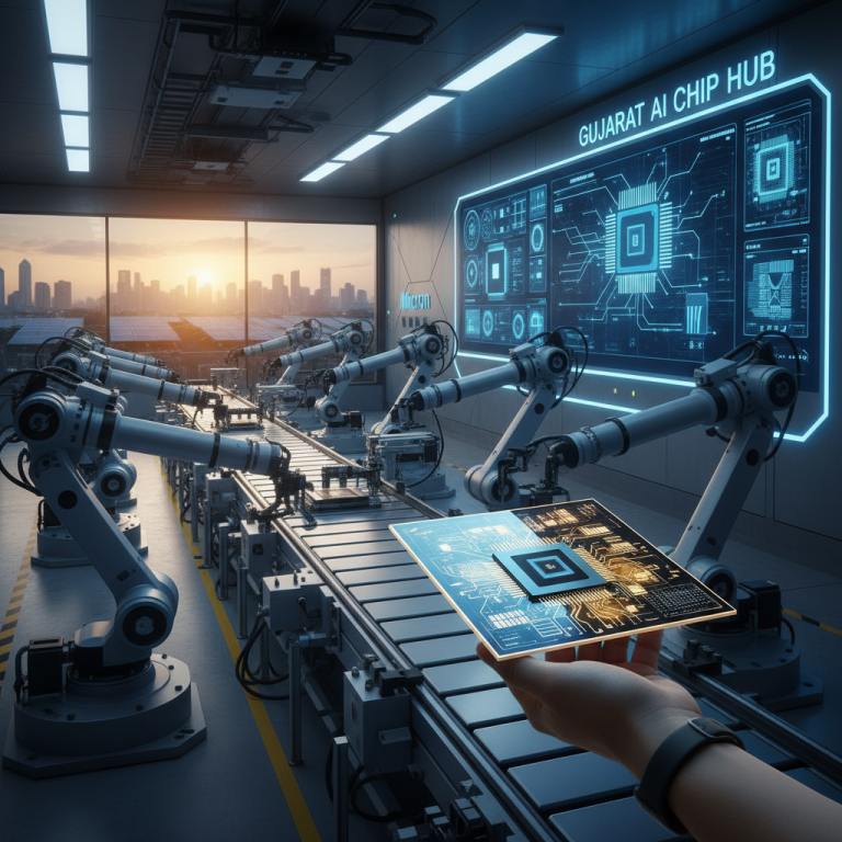An advanced AI chip manufacturing facility with robotic arms and a display showing "GUJARAT AI CHIP HUB."
