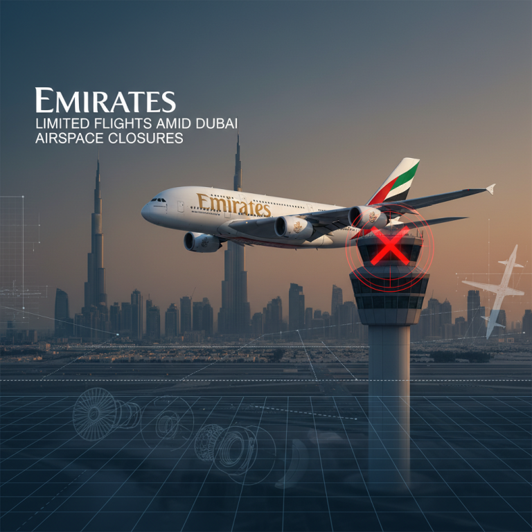 An Emirates A380 flying over the Dubai skyline with an air traffic control tower marked with a red "X" for closure.