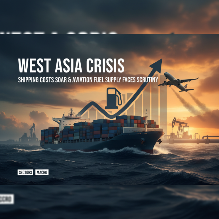 A cargo ship, airplane, and oil rigs against a rising bar chart, symbolizing soaring shipping costs and fuel scrutiny.