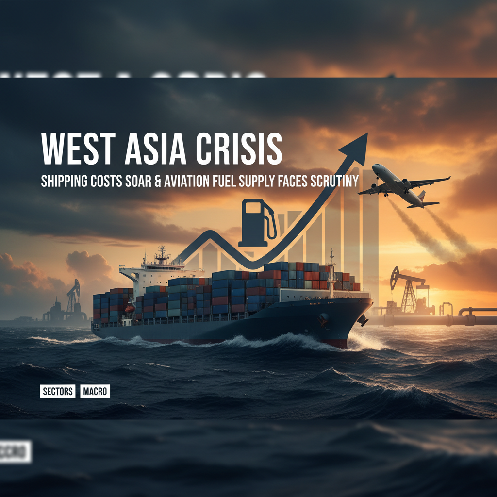 A cargo ship, airplane, and oil rigs against a rising bar chart, symbolizing soaring shipping costs and fuel scrutiny.