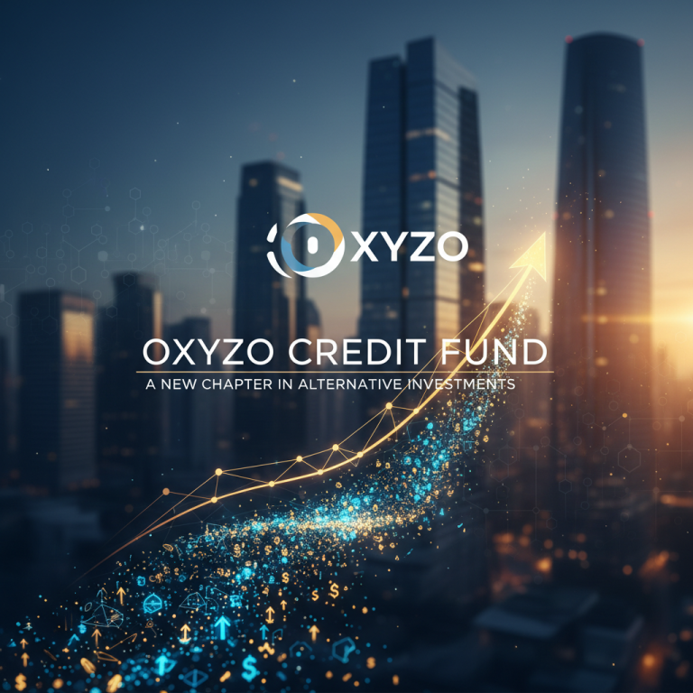 A modern cityscape at dusk with a prominent upward-trending arrow and financial symbols, representing growth and investment.