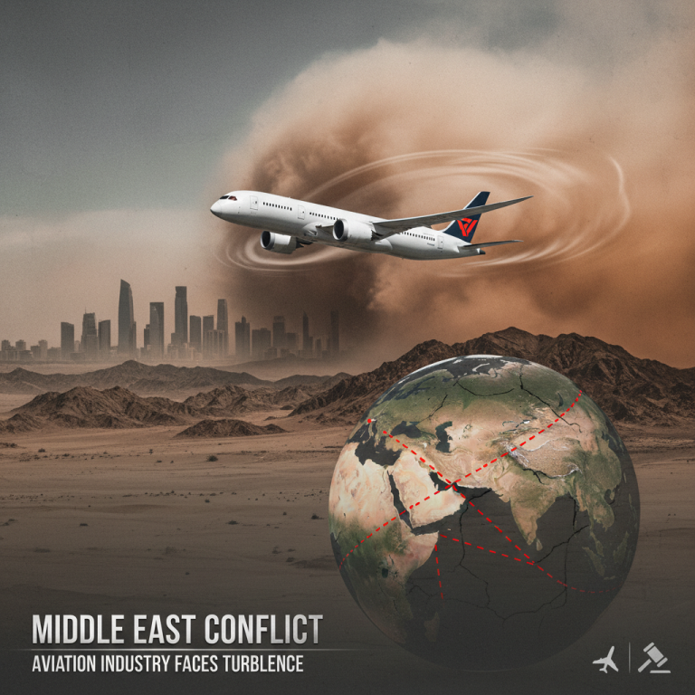 An airplane flies over a desert landscape with a globe highlighting the Middle East and broken flight paths.