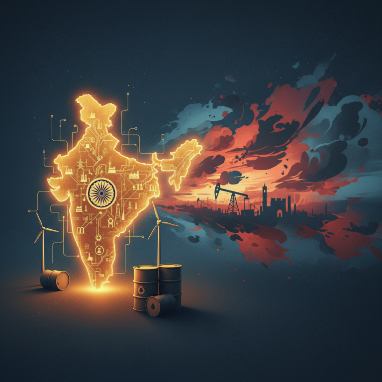 A glowing map of India with energy symbols, shielding from a chaotic, fiery Middle East skyline with oil derricks.