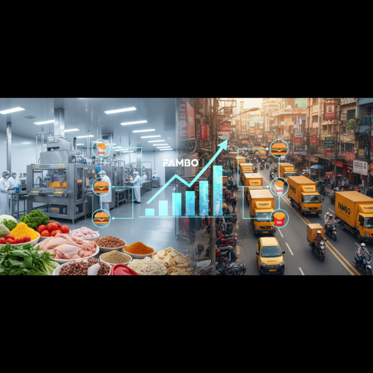 A professional image showing a food processing facility, raw ingredients, and a bustling city street with Fambo delivery trucks.