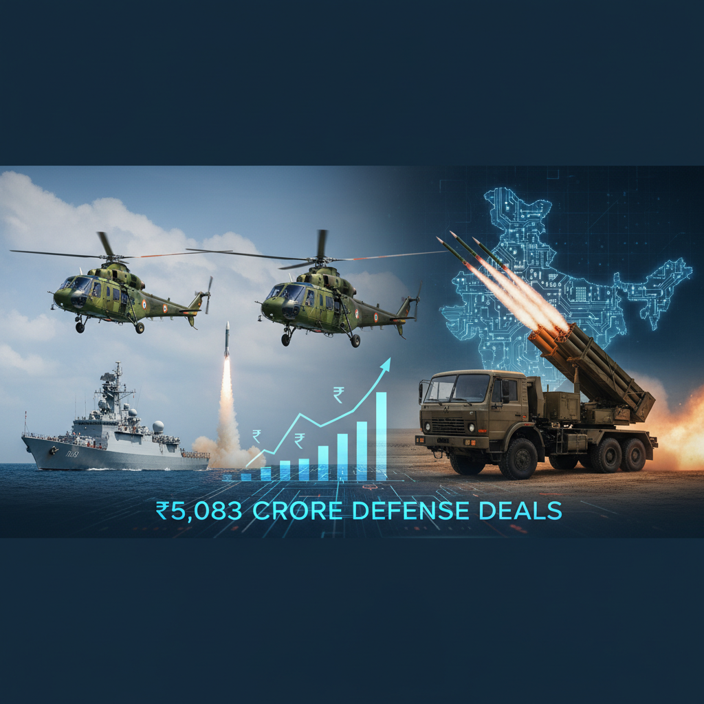 A professional visual representing India's defense deals, featuring military helicopters, a naval ship, missile launch.
