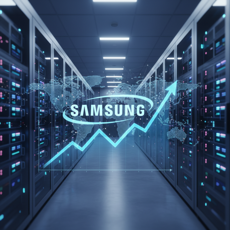 Server room with a digital overlay showing the Samsung logo, a global map, and an upward trending arrow.