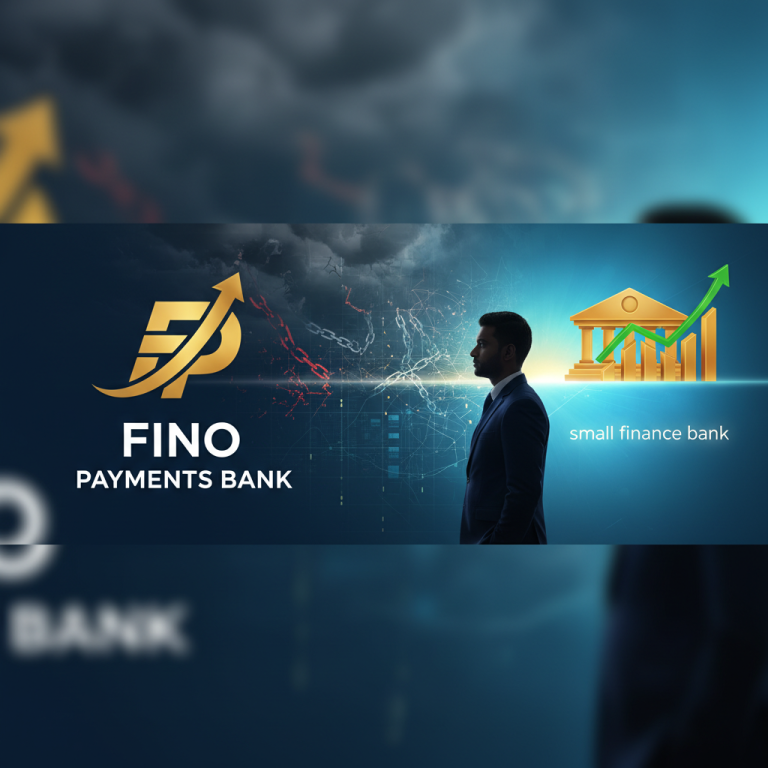 A man in a suit looks toward a glowing bank icon and rising arrow, with "Fino Payments Bank" logo on the left.