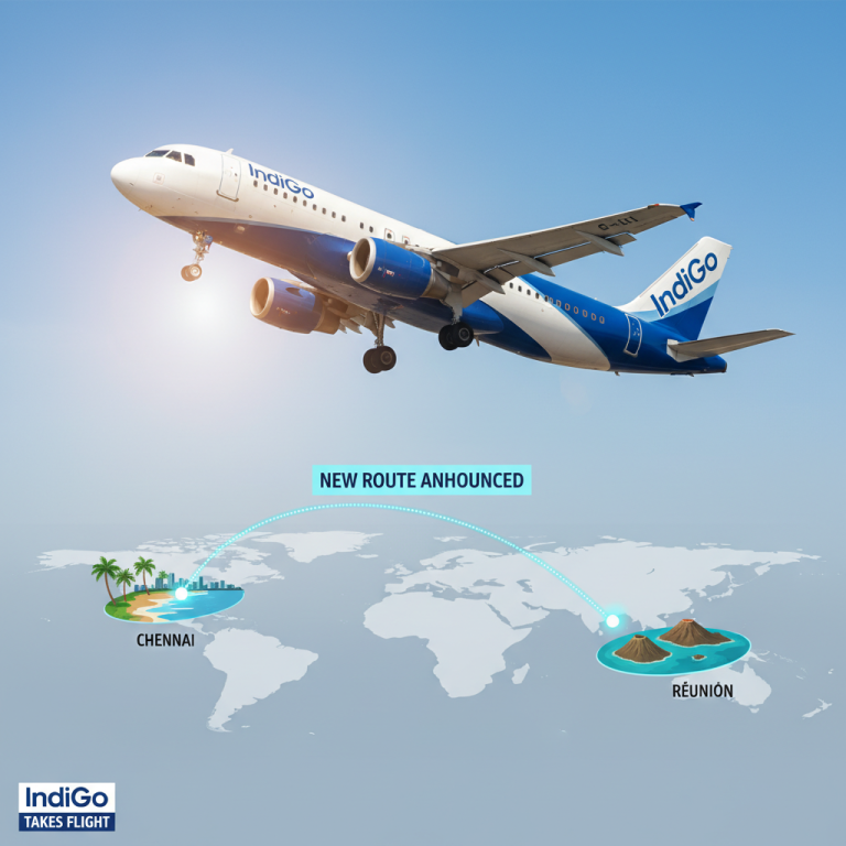 An IndiGo airplane flying over a map connecting Chennai and Réunion Island, symbolizing the new flight route.