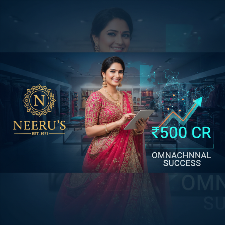 A woman in traditional Indian attire uses a tablet, with Neeru's logo, growth chart, and India map.