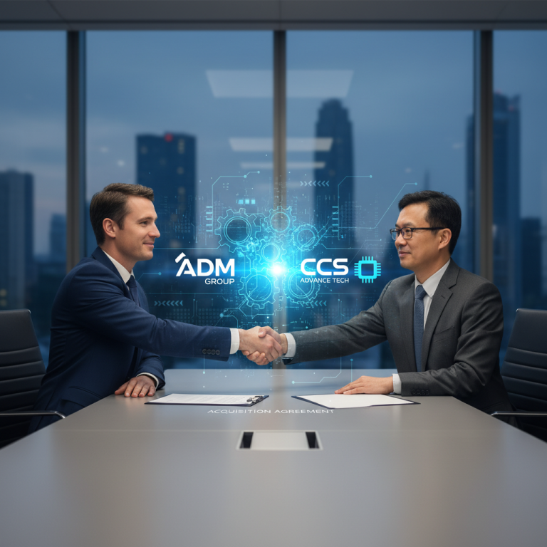 Two businessmen shaking hands across a table with company logos and a circuit board graphic between them, symbolizing a tech acquisition.