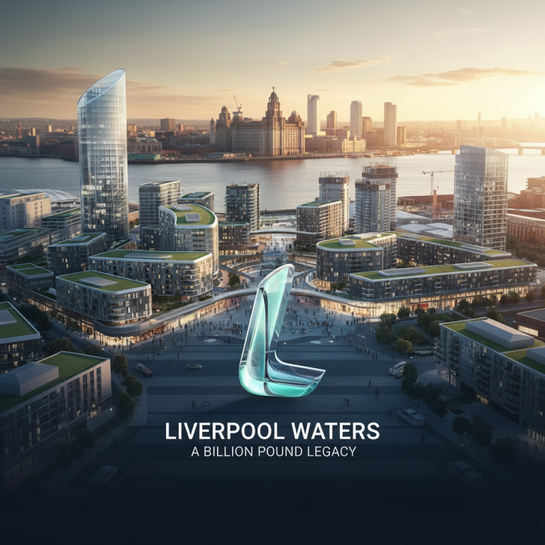 Aerial view of Liverpool's new waterfront development with the city skyline and a prominent 'L' shaped logo.
