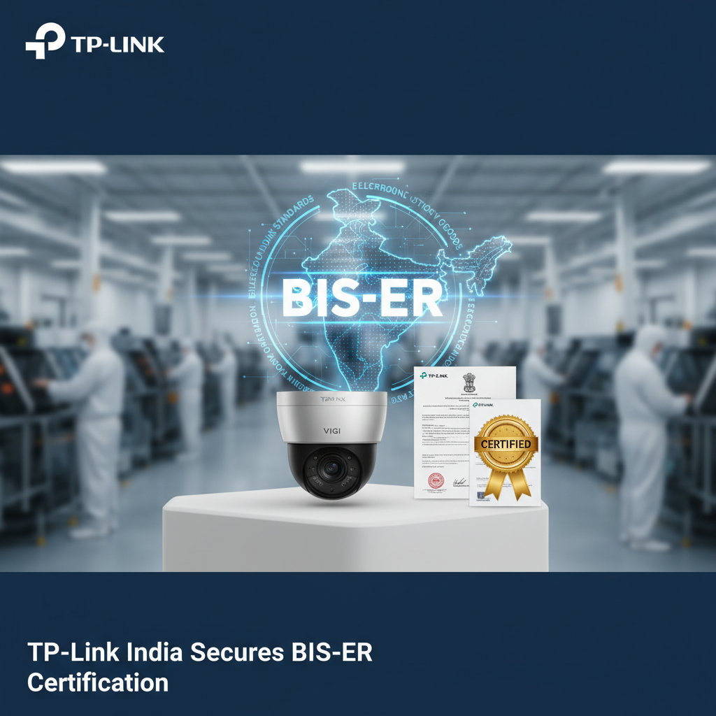 A professional image showing a VIGI security camera, BIS-ER certificate, and a map of India over a factory background.