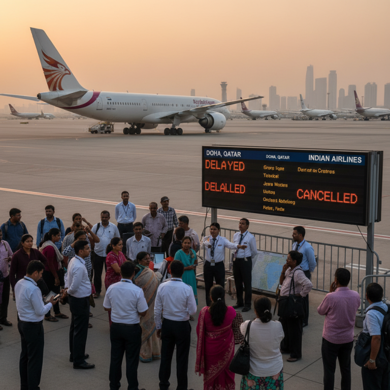 A diverse group of travelers at an airport in Qatar look at a departures board showing delayed and cancelled flights, with an airplane on the tarmac and a city skyline in the background.