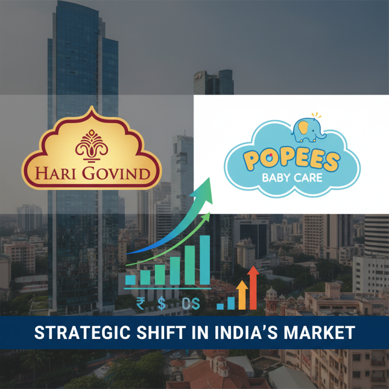 A professional graphic depicting the logos of Hari Govind and Popees Baby Care, with an upward trend arrow and bar chart.