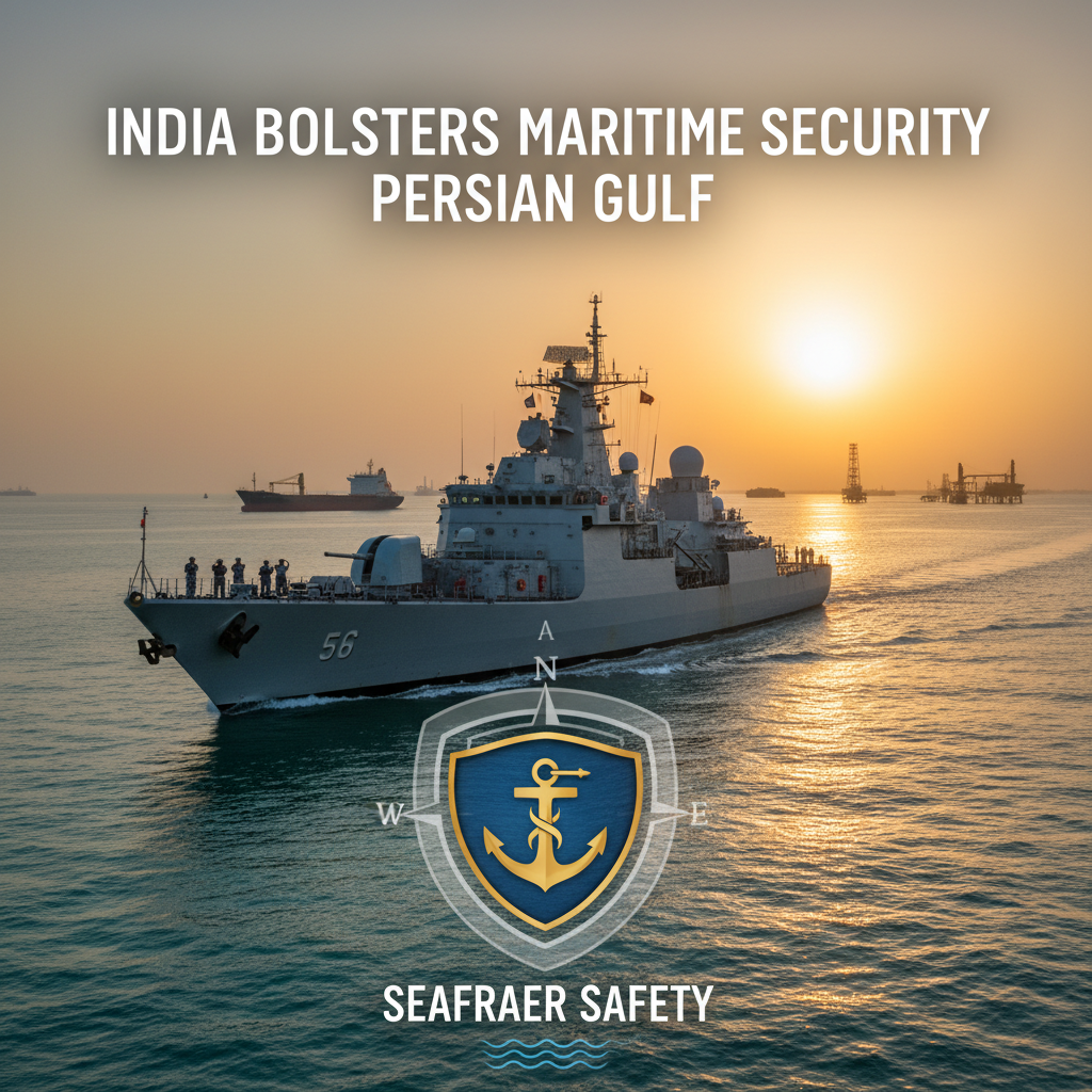An Indian Navy warship sailing at sunset in the Persian Gulf, with other vessels and oil rigs in the background.