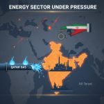 A map showing India's energy sector under pressure, with representations of Qatar gas being cut and Iranian strikes.