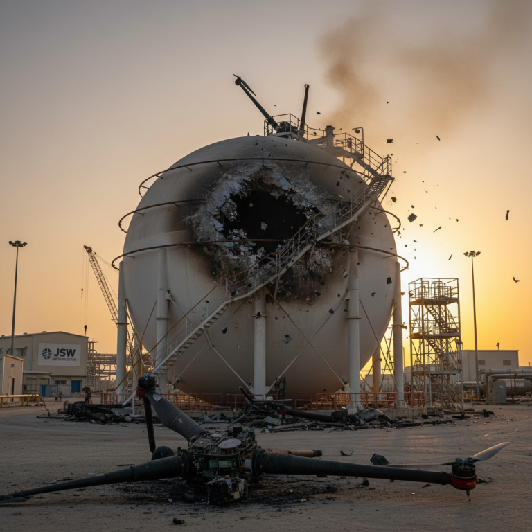A damaged spherical tank with a large hole and charring, with drone debris on the ground, against a sunset sky.