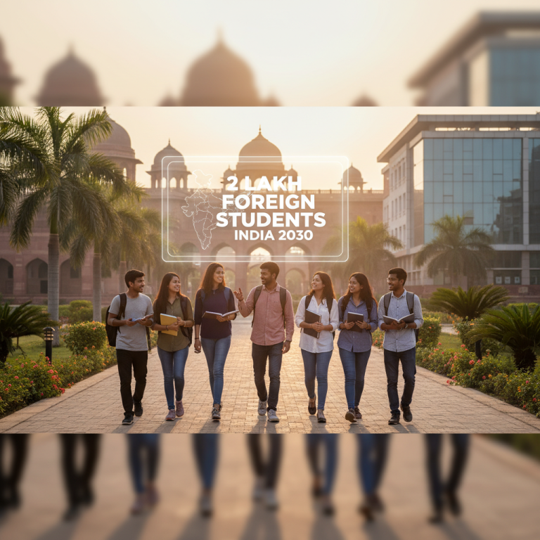 Diverse group of young students walking on a university campus with historic Indian architecture, representing international education.