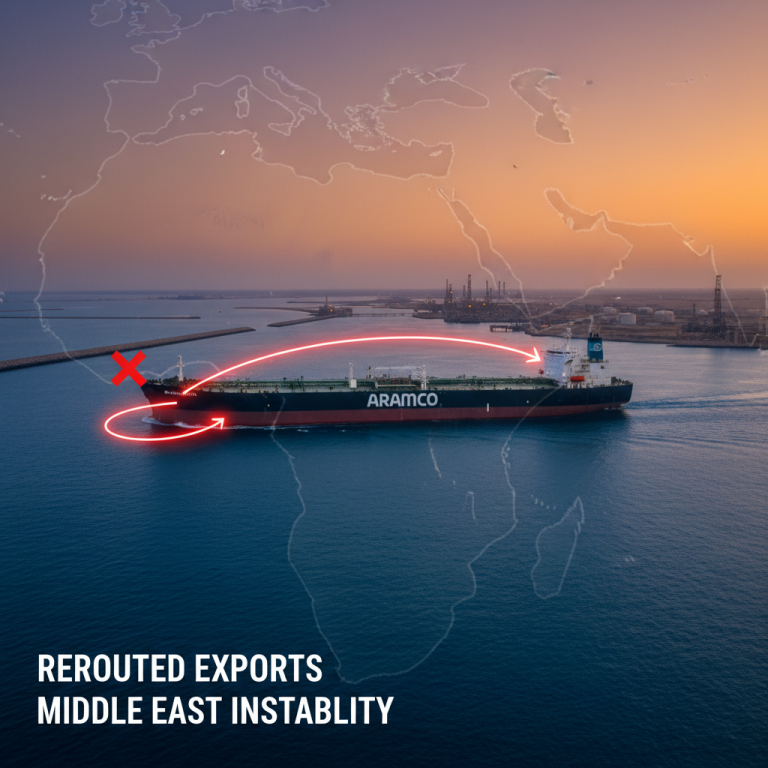 An oil tanker with the "Aramco" logo, overlaid with a map and glowing red arrows showing a rerouted shipping path.