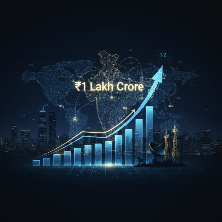 A digital illustration showing a rising bar graph with an upward arrow over a map of India, representing growth in the telecom sector.