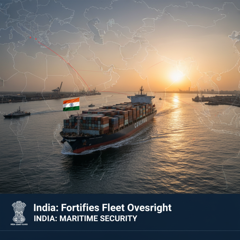 A large container ship with the Indian flag sailing at sunset, with a world map overlay showing shipping routes.