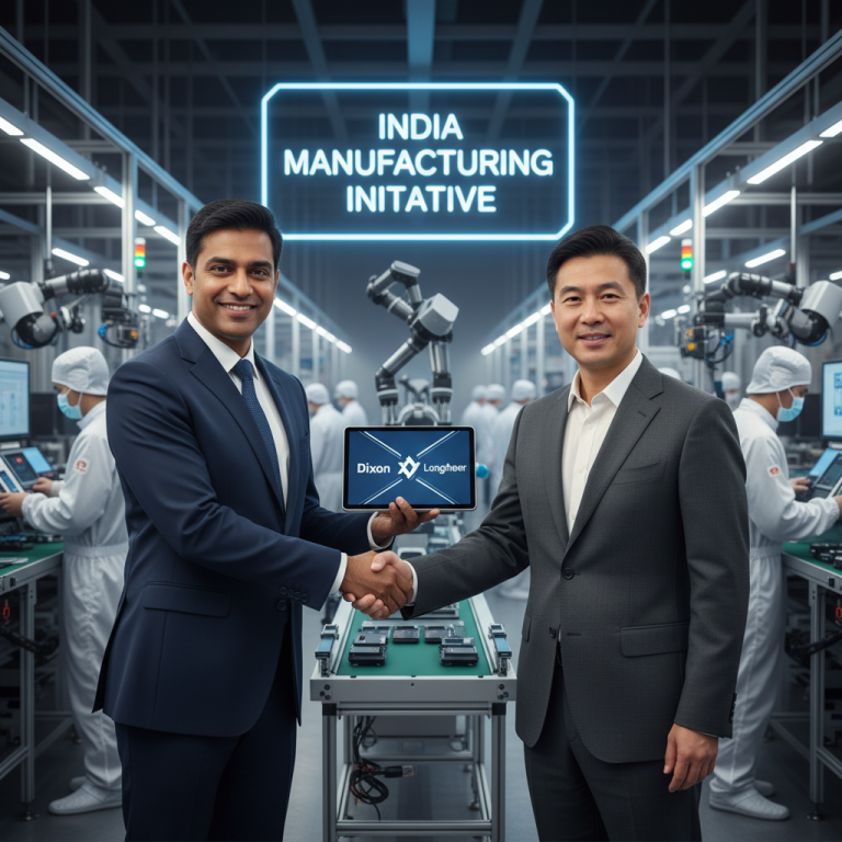 Two executives, one Indian and one East Asian, shake hands in a modern smart device factory.