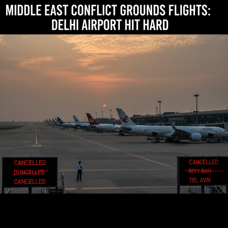 A wide shot of a bustling airport tarmac at sunset, with numerous airplanes parked and a ground crew member visible.