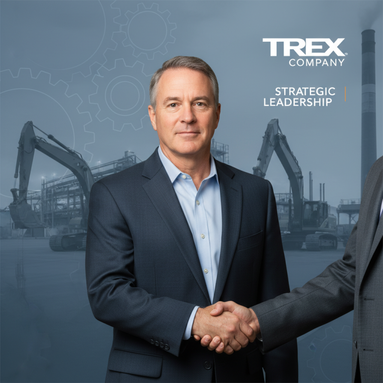 A professional man in a suit, Lee Coker, shaking hands with another person, set against an industrial background.