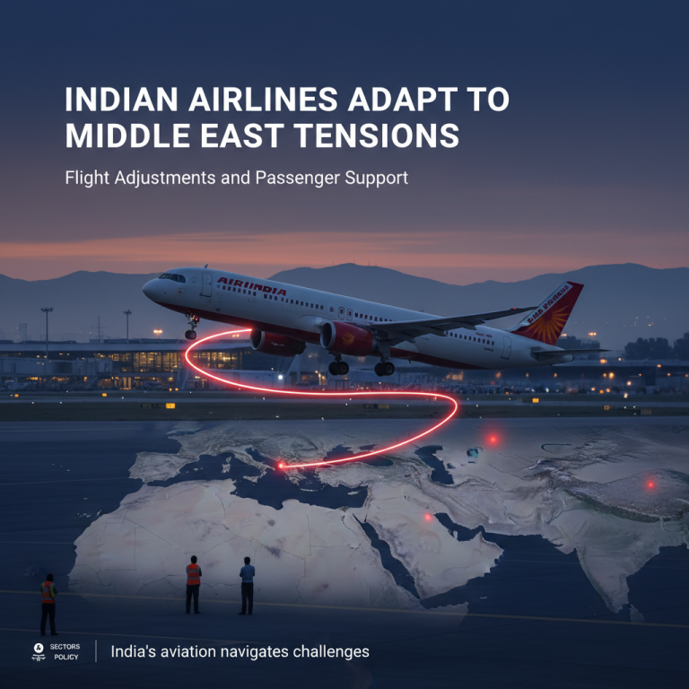An Indian airplane taking off over a map of the Middle East, with red lines indicating adjusted flight paths.