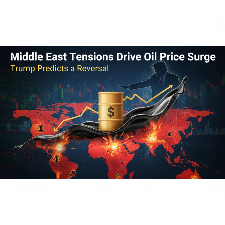 An oil barrel on a world map with the Middle East highlighted, overlaid with rising economic graphs.