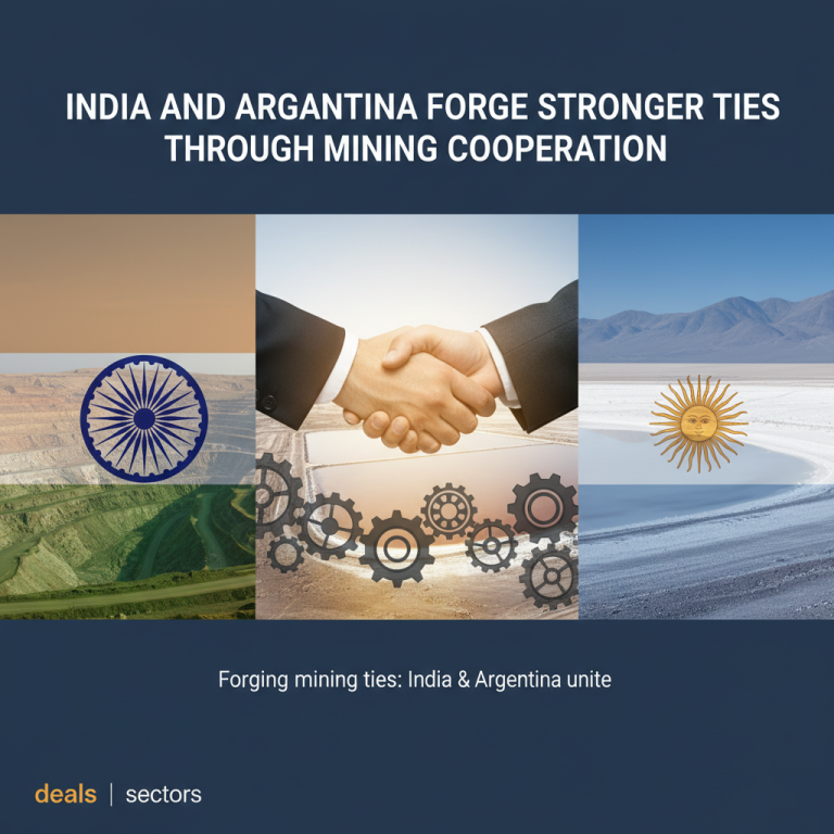 Handshake over mining landscape, Indian and Argentine flags, symbolizing international cooperation and resource development.