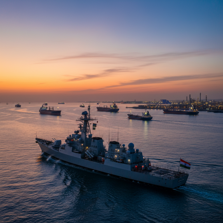 An Indian naval ship sails through calm waters at sunset with other cargo ships and an industrial port in the background.