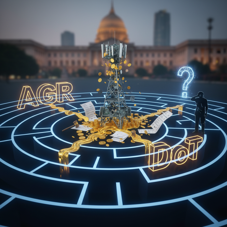 An intricate maze with glowing paths, telecom tower, legal documents, and a questioning figure.