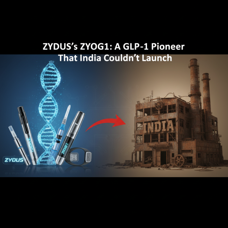 Conceptual image showing a modern GLP-1 device and a DNA helix transitioning to a dilapidated factory with 'INDIA' written on it.
