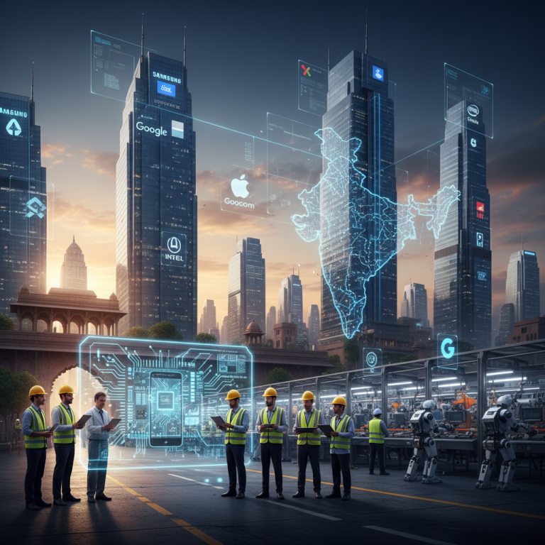 A professional image depicting global tech companies investing in India's electronics manufacturing sector.