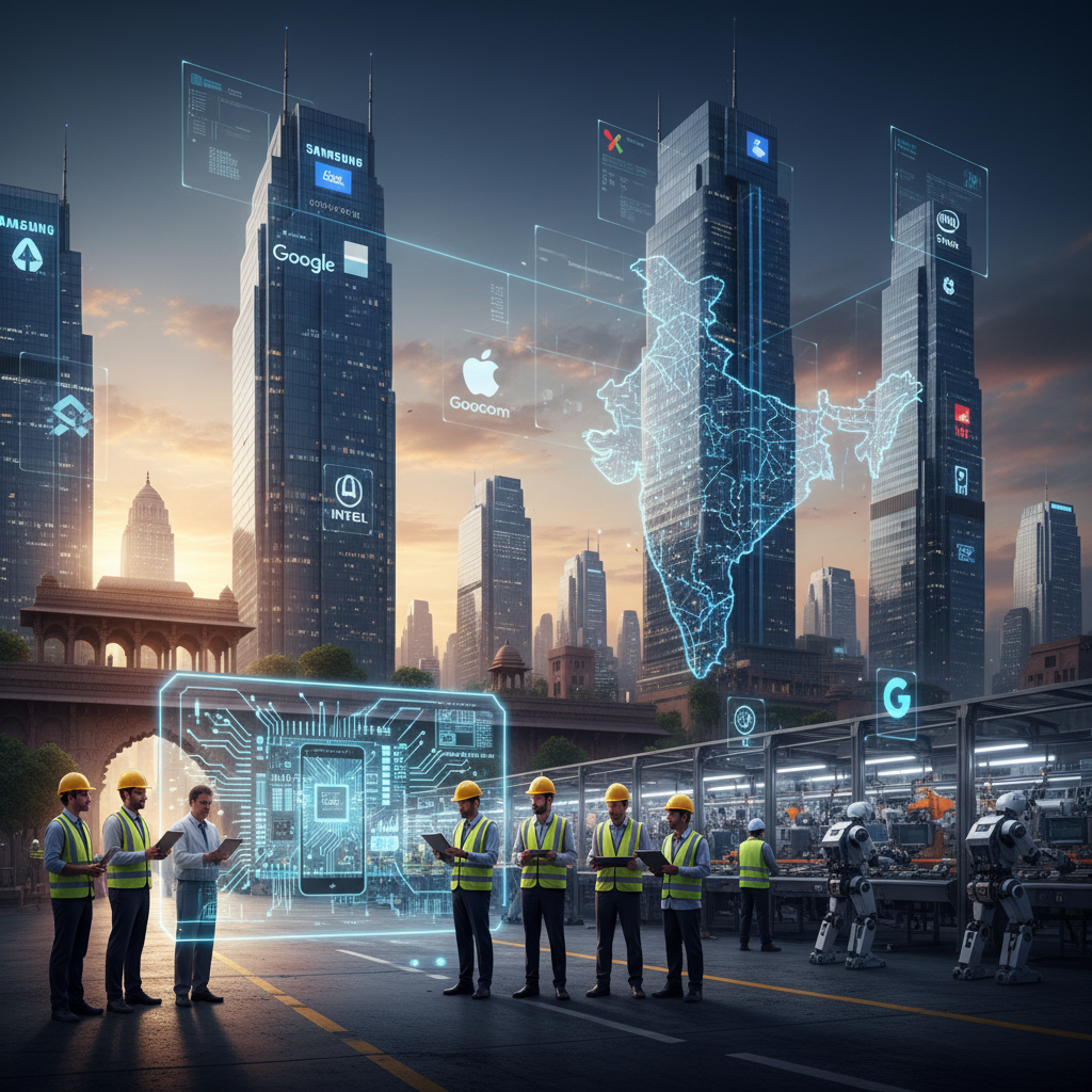 A professional image depicting global tech companies investing in India's electronics manufacturing sector.