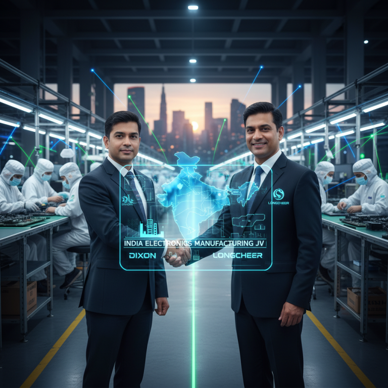 Two executives shake hands in a modern electronics factory, overlaid with a holographic map of India and company logos.