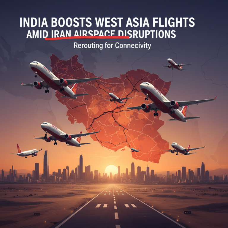 Airplanes fly over a map of Iran with a cityscape in the foreground, representing flight disruptions and rerouting.