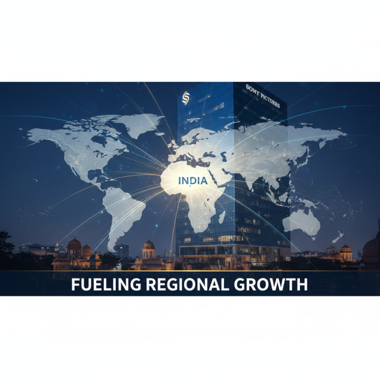 A professional image showing a modern building labeled "Sony Pictures" with a world map overlay, highlighting India.