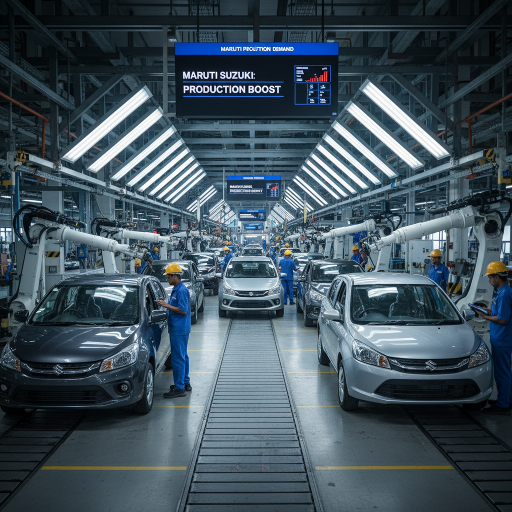 An image showing a Maruti Suzuki manufacturing facility with workers and cars on the assembly line.