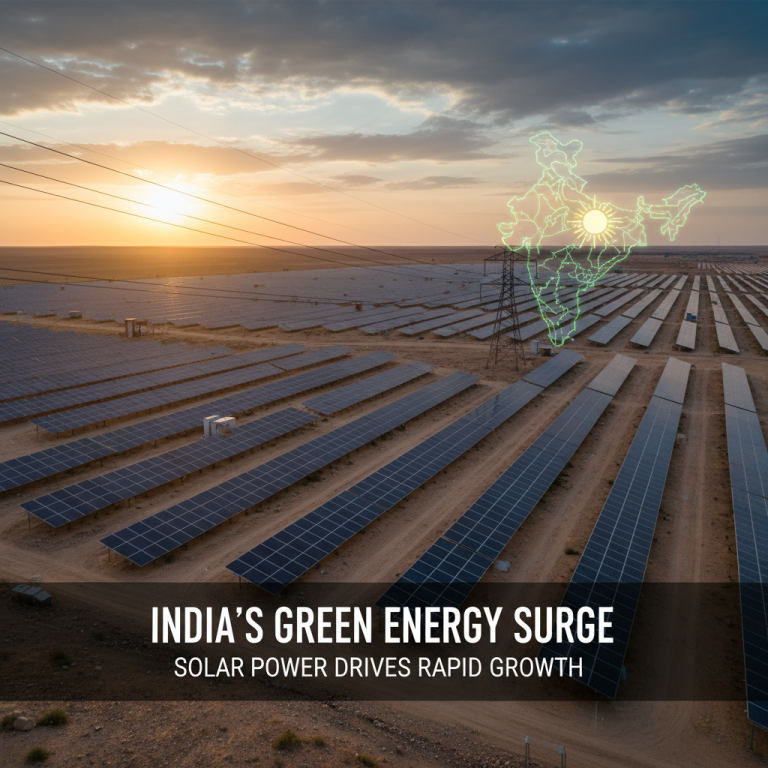 Solar panels stretching across a vast landscape with a glowing outline of India superimposed.