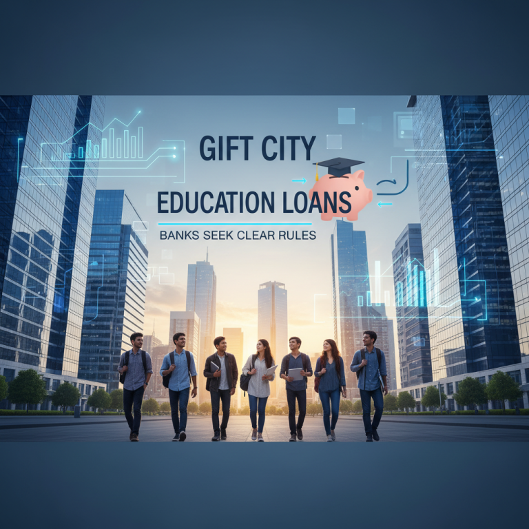 Students walking with a city skyline background and overlay graphics representing finance and education.
