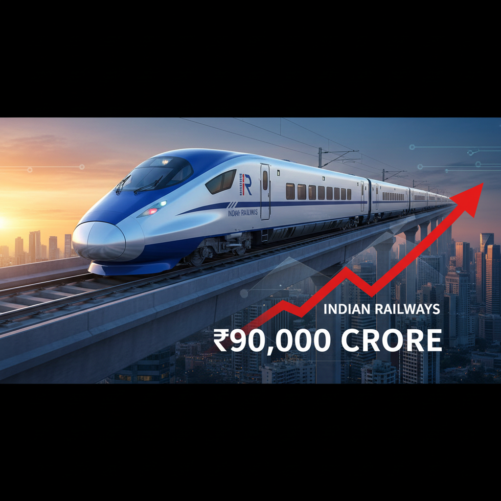 A modern bullet train speeding on an elevated track above a city skyline with an upward trending graph and text.