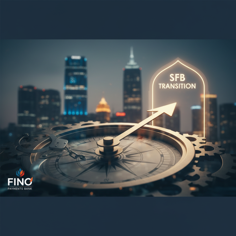 A compass pointing towards an illuminated "SFB Transition" arch, with Fino Payments Bank logo and city skyline.