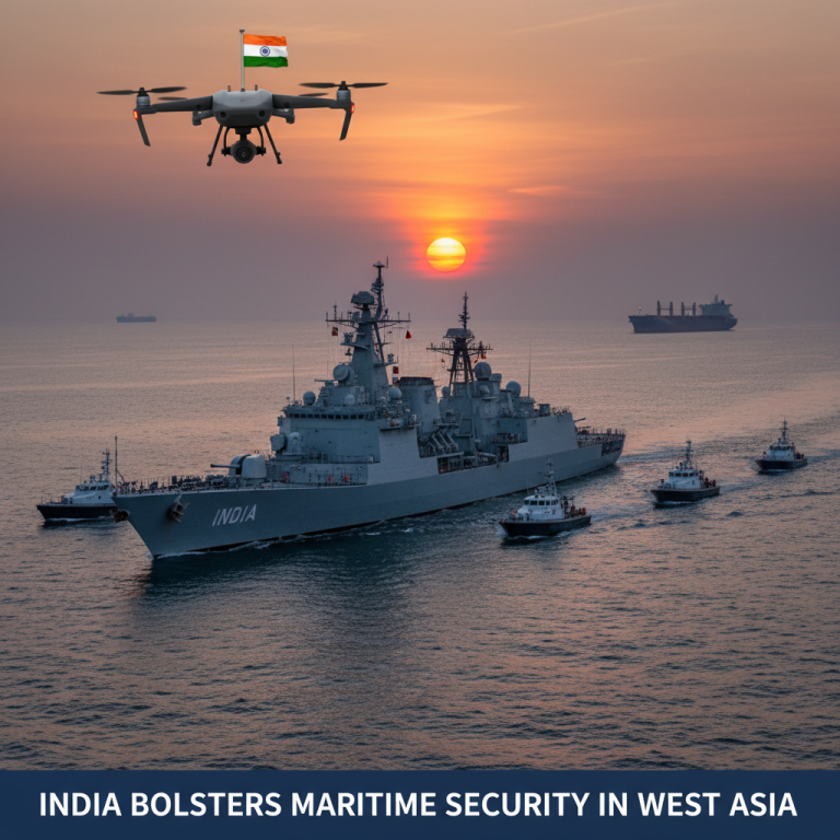 An Indian warship at sea with escort vessels, a drone flying above with the Indian flag, and cargo ships in the distance at sunset.