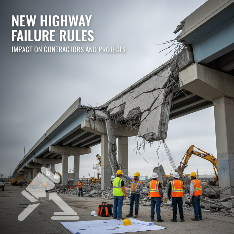 Construction workers inspect a collapsed highway overpass, illustrating the impact of new highway failure rules on projects.