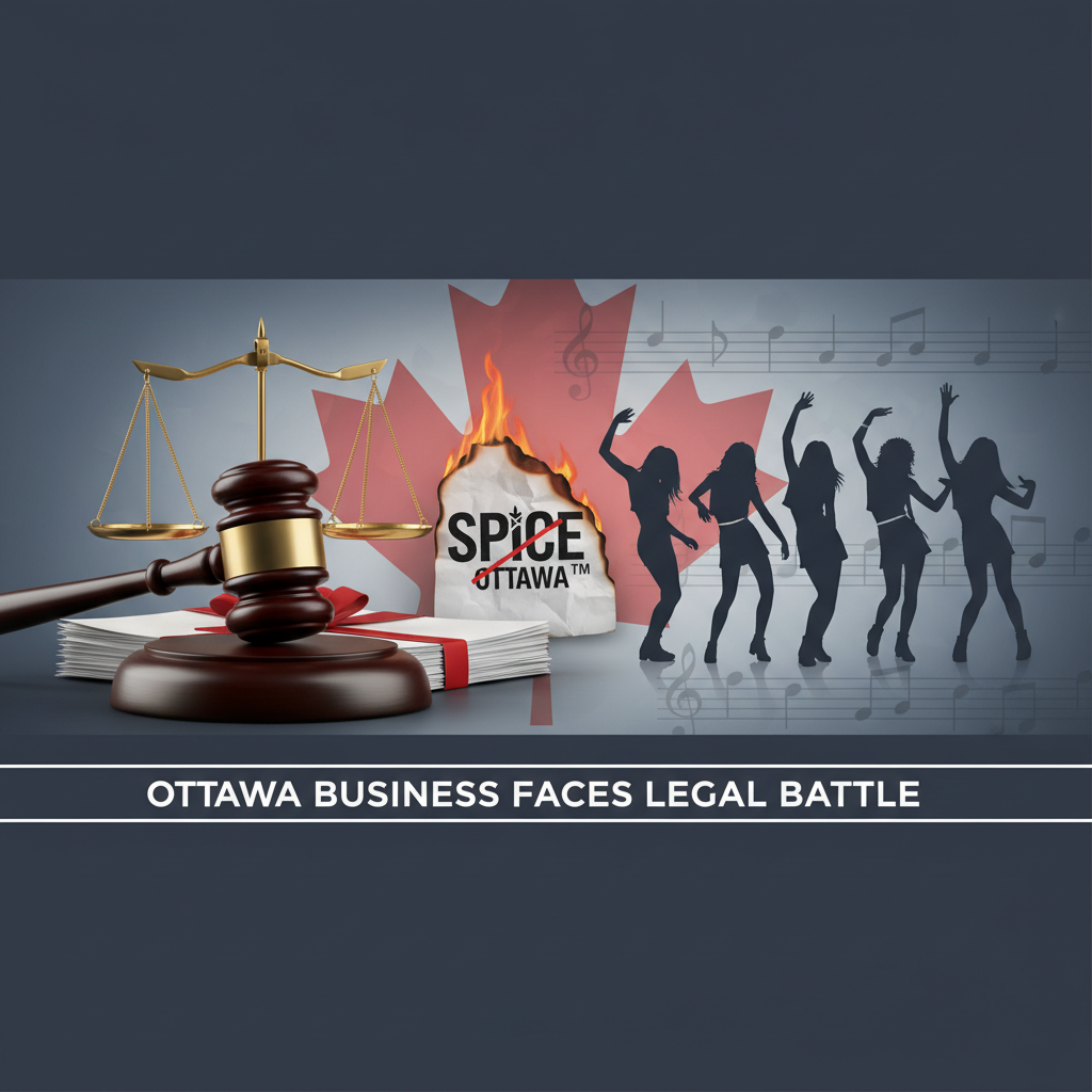 A gavel, scales of justice, burning paper with "Spice Ottawa," and silhouettes of dancing women against a Canadian flag.